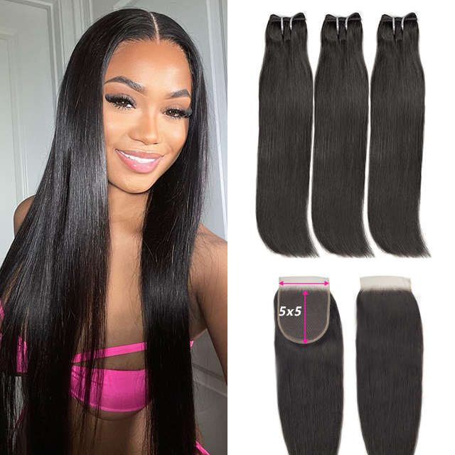 Cheap Straight 3 Hair Bundles with 5x5 Closure 