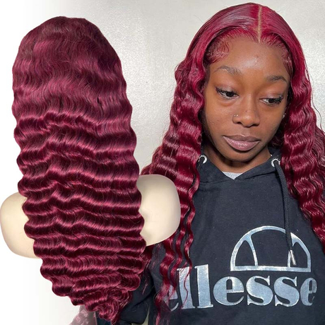 FBLhair Burgundy Deep Wave Full Frontal Wigs For Black Girl 13x4