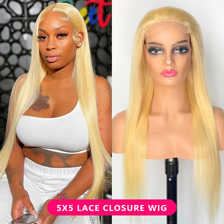 FBLhair Cheap 613 Human Hair 5x5 Straight Closure Wig Blonde