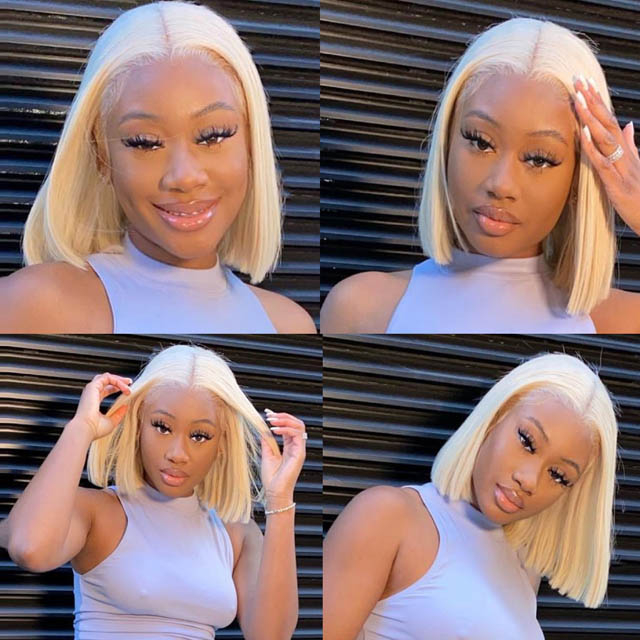 Color 613 Straight Human Hair Short Blonde Bob Wigs