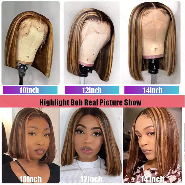 13x4 Frontal Highlight Honey Blonde Short Bob Wigs 